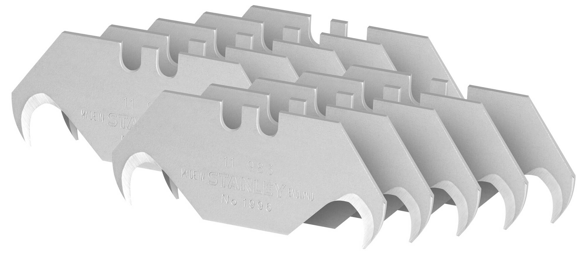 Acht silberne Trapezklingen mit hakenförmigen Enden, gestapelt in versetzter Formation. Sie scheinen für Schneidarbeiten bestimmt zu sein.