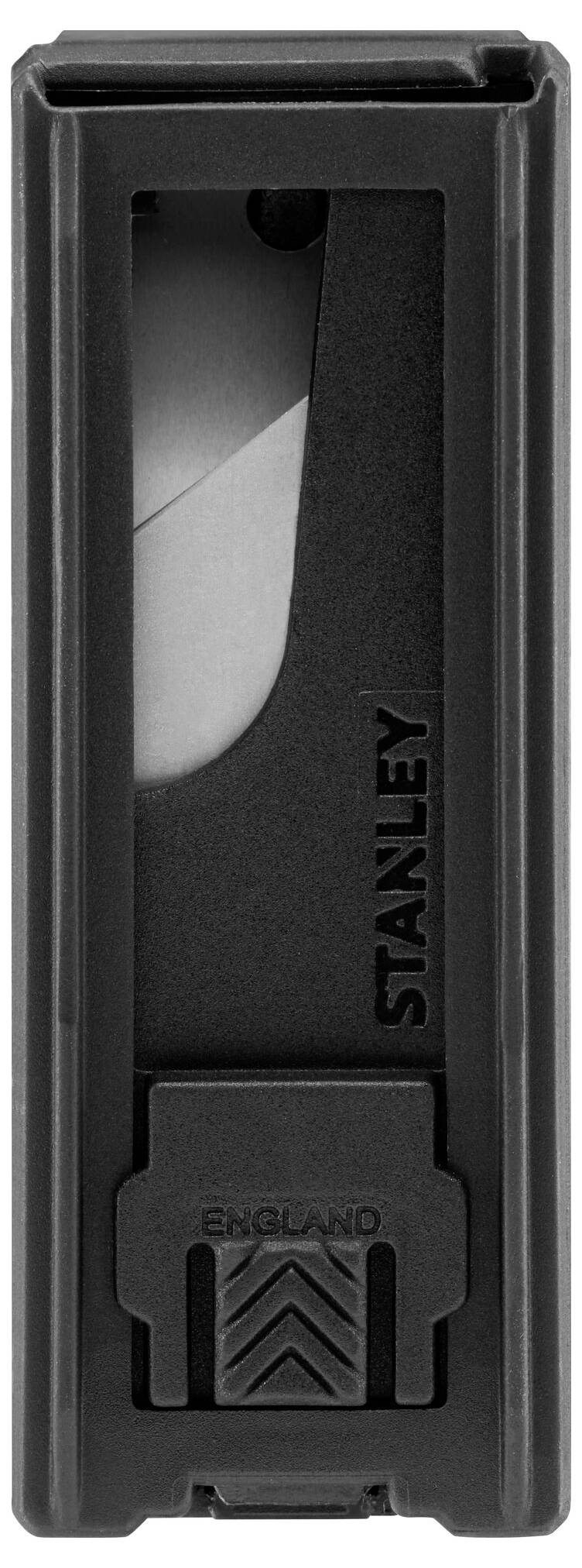 Schwarzer Klingenhalter mit dem Logo 'STANLEY', sichtbar ist ein Teil der Klinge.