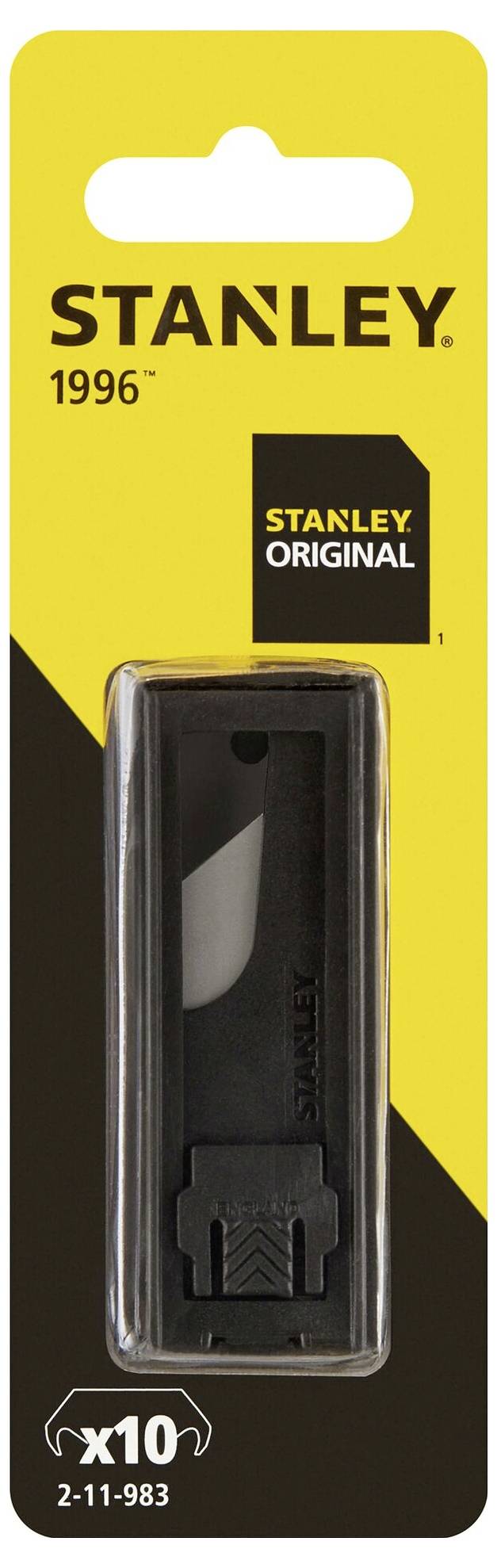 Verpackung mit zehn Stanley Original Ersatzklingen für Cutter, in gelb-schwarzer Blisterverpackung mit Markenname und Modellnummer.