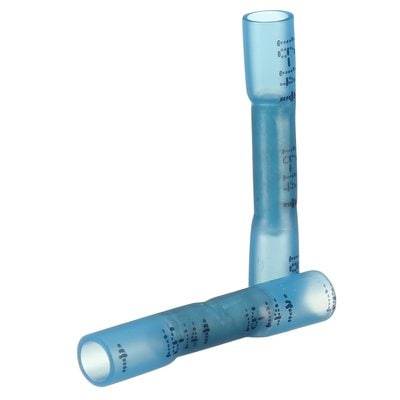 Zwei blaue Anschlussklemmen für elektrische Kabel, zylindrisch geformt und transparent, zeigen Markierungen und Größenangaben.