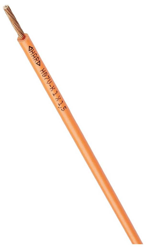 Oranges Elektrokabel mit Kupferdraht, Beschriftung 'H07V-K 1x2.5', für Strominstallationen geeignet.
