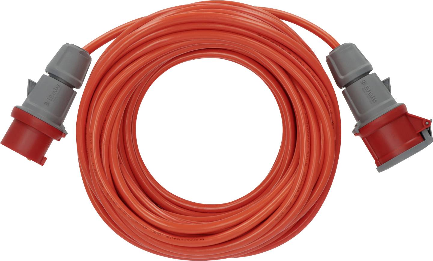 Aufgerolltes orangefarbenes Elektro-Verlängerungskabel mit grauen und roten Industriesteckern an beiden Enden, isoliert auf weißem Hintergrund.