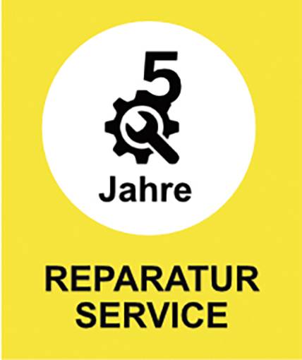 Gelbes Schild mit weißem Kreis: Zahnradsymbol und '5 Jahre'; darunter 'REPARATUR SERVICE'.
