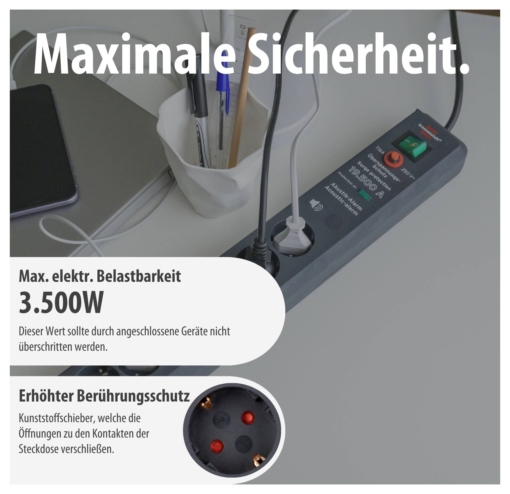Steckdosenleiste mit Schalter; Hinweis auf 'Maximale Sicherheit', max. elektrische Belastbarkeit 3.500 W und erhöhten Berührungsschutz durch Kindersicherung.