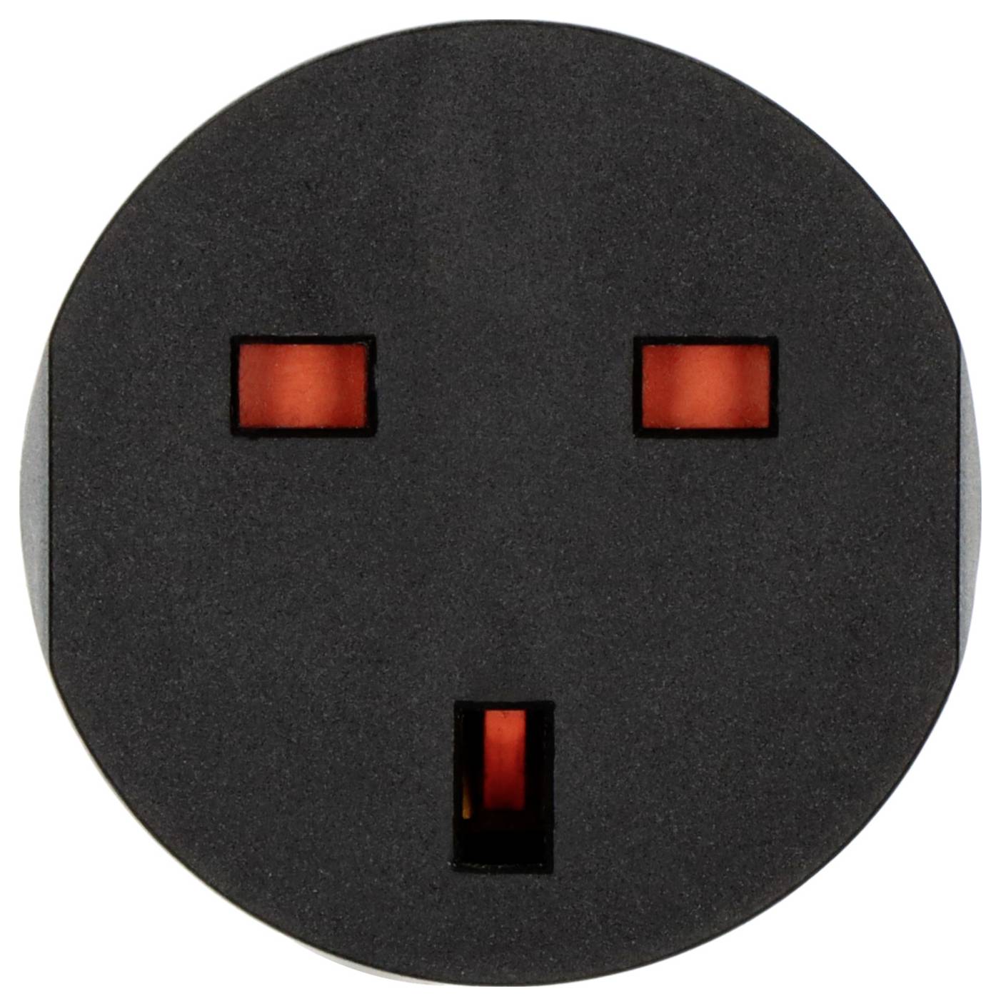 Ein schwarzes kreisförmiges Gesicht mit zwei roten rechteckigen Augen und einem kleinen roten Mund, das einem einfachen Roboter oder einer Maske ähnelt.