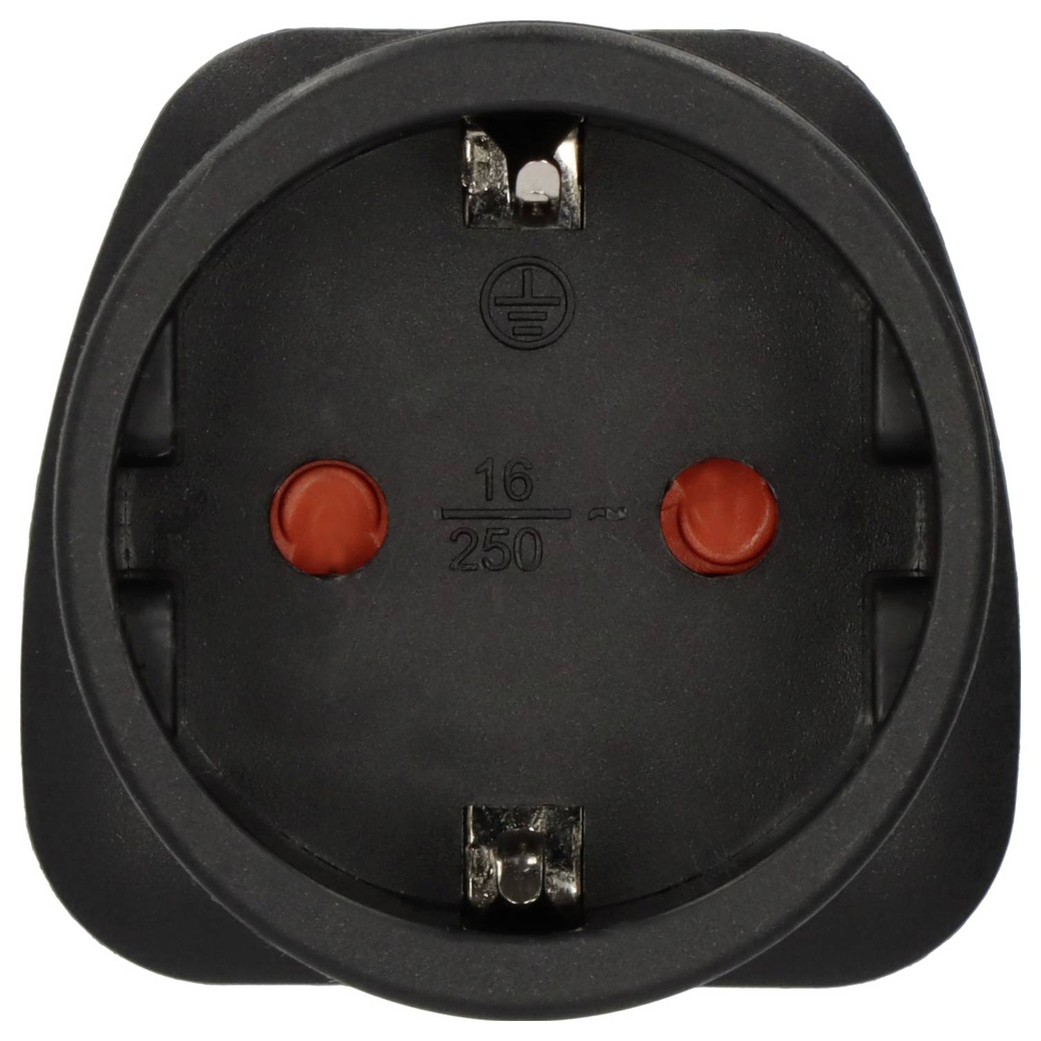 Nahaufnahme eines schwarzen elektrischen Stecker-/Steckdosensteckers mit zwei roten Schutzenkappen und Erdungssymbol, gekennzeichnet mit „16/250