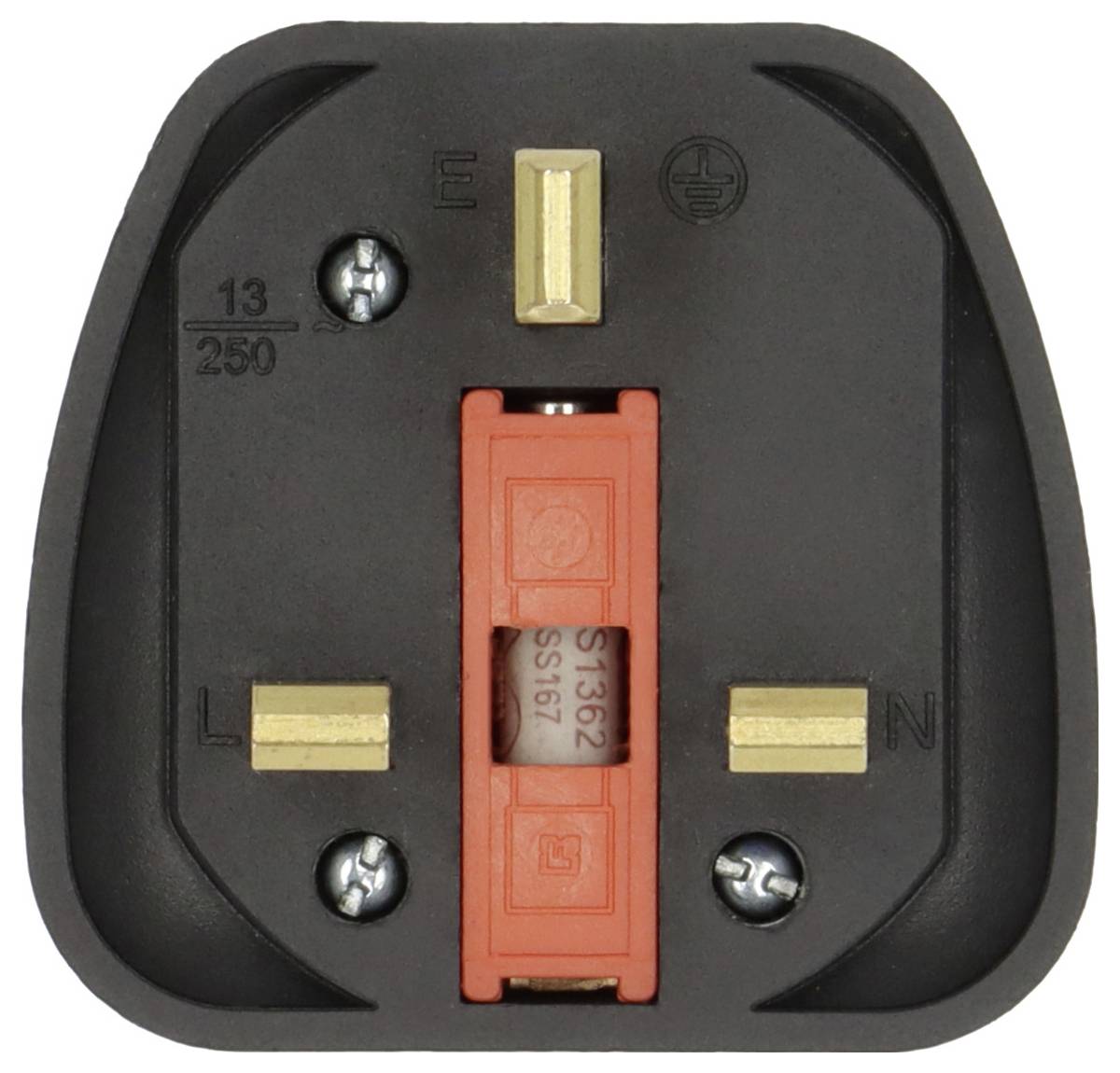 Schwarzer dreipoliger Elektrostecker-Adapter mit Messingkontakten und rotem zentralem Sicherungshalter, beschriftet mit 13/250 und L, N, E.