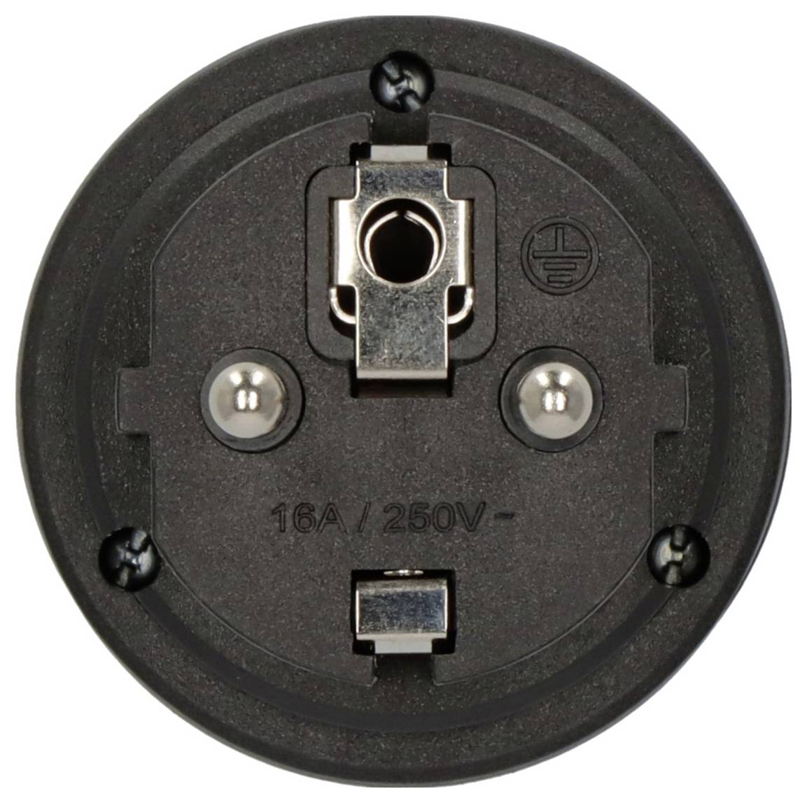 Nahaufnahme eines runden schwarzen Steckdosensteckers mit zwei Schraubklemmen, einem zentralen Erdungskontakt und der Aufschrift „16A/250V