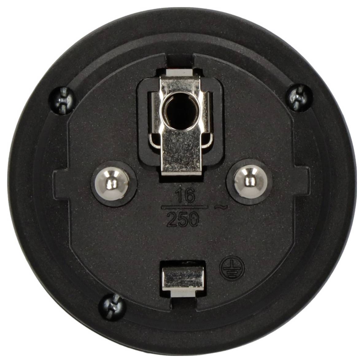 Nahaufnahme eines schwarzen runden elektrischen Steckers oder einer Steckdose mit Metallkontaktpunkten und der Bezeichnung „16/250~