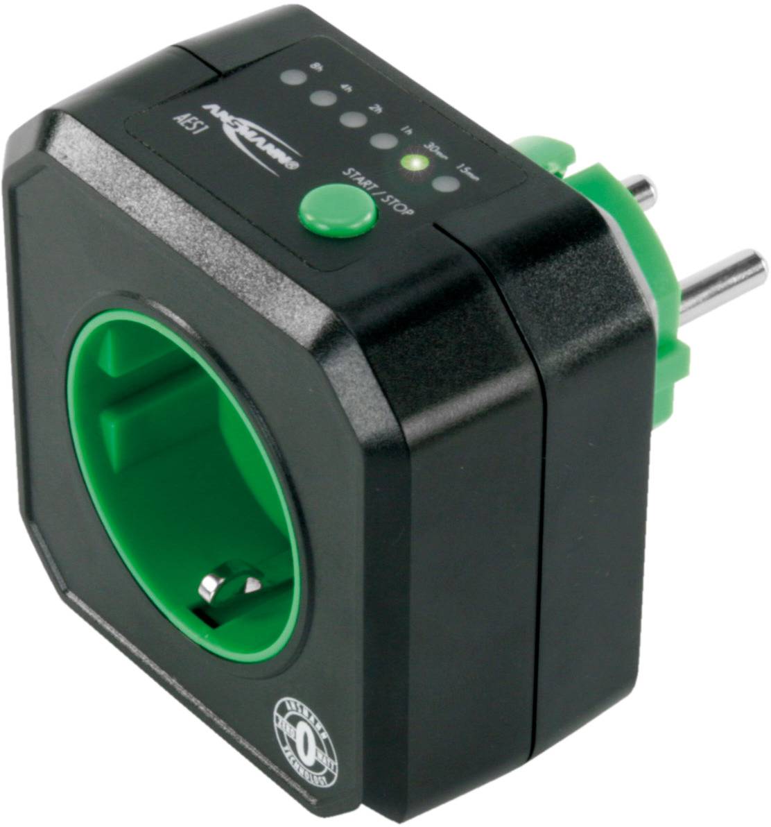 Schwarze und grüne Steckdose mit LED-Anzeigen und großer Taste. Energiemessgerät zur Überwachung des Stromverbrauchs.