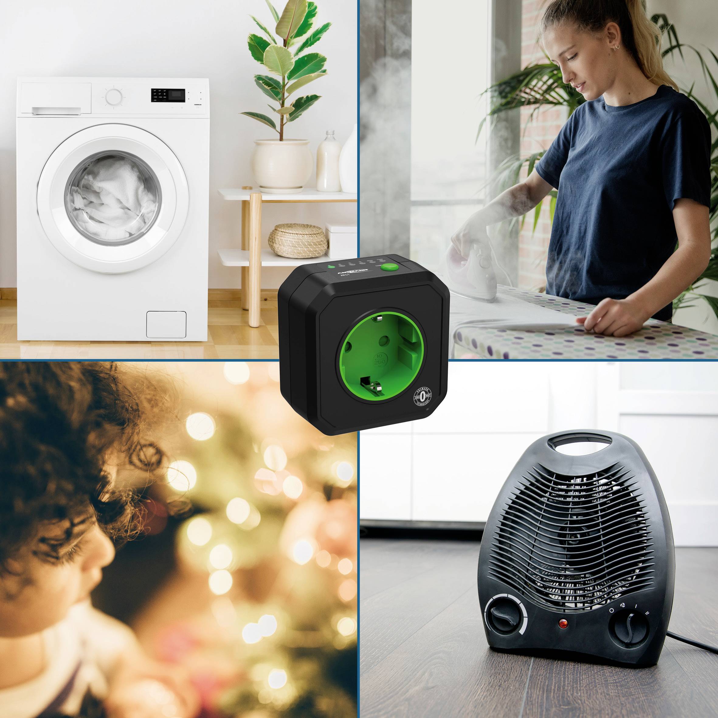 Kollektion aus vier Bildern: Eine Waschmaschine, eine schwarze Steckdose, eine Person beim Bügeln und ein Kind bei Weihnachtsbeleuchtung.