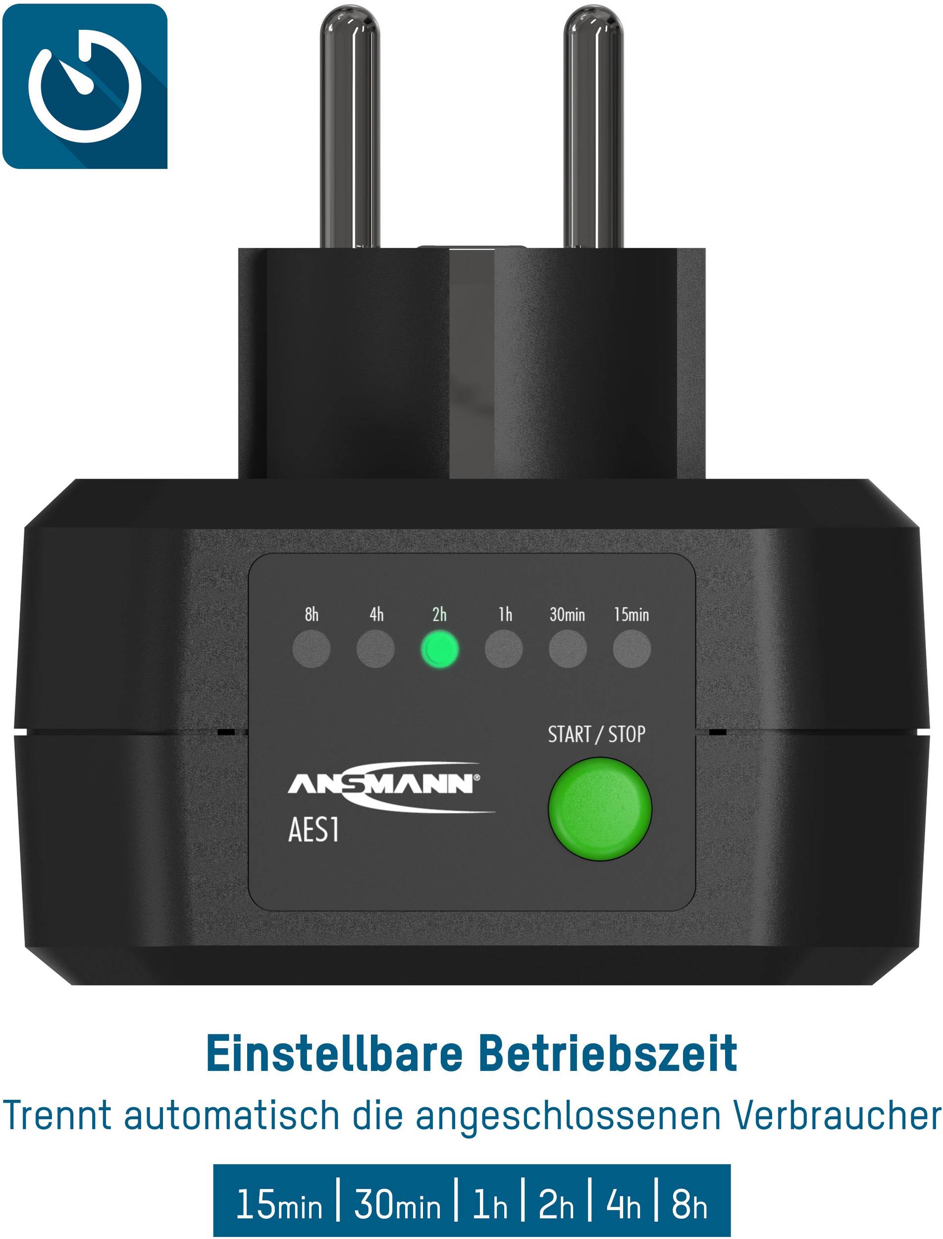 Einstellbare Betriebszeit: Trennt automatisch die angeschlossenen Verbraucher. Zeiten: 15min, 30min, 1h, 2h, 4h, 8h.
