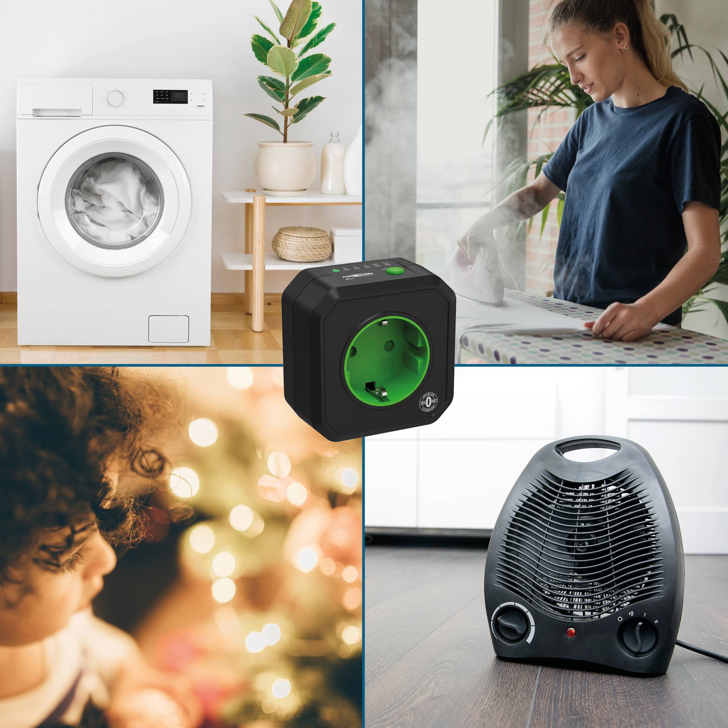 Collage aus einer Waschmaschine, einem Mann beim Bügeln, einem Kind vor einem Weihnachtsbaum und einem elektrischen Heizgerät.