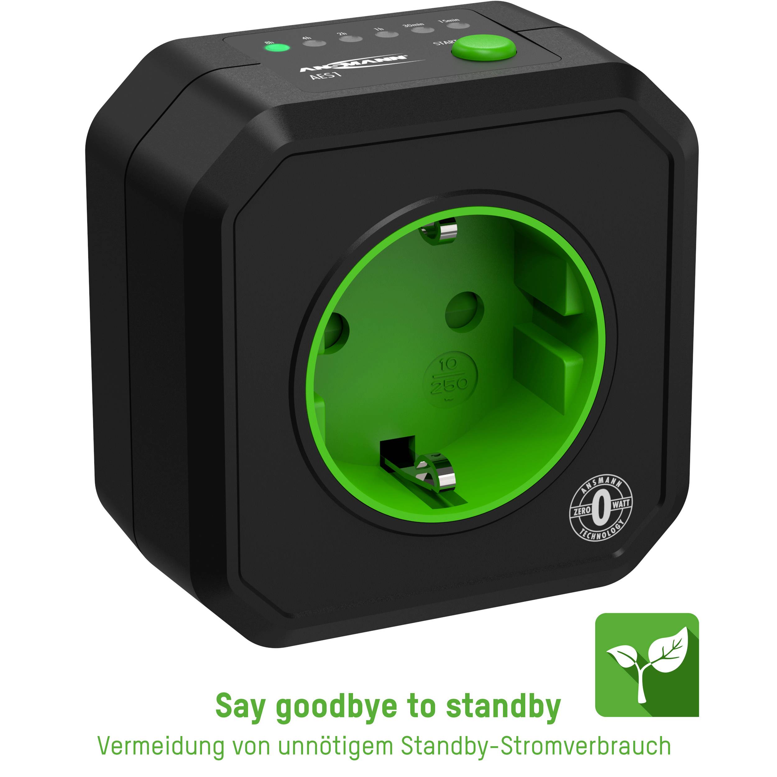 Schwarze Steckdose mit grünem Innenring und Knopf. Text: Say goodbye to standby. Vermeidung von unnötigem Standby-Stromverbrauch.