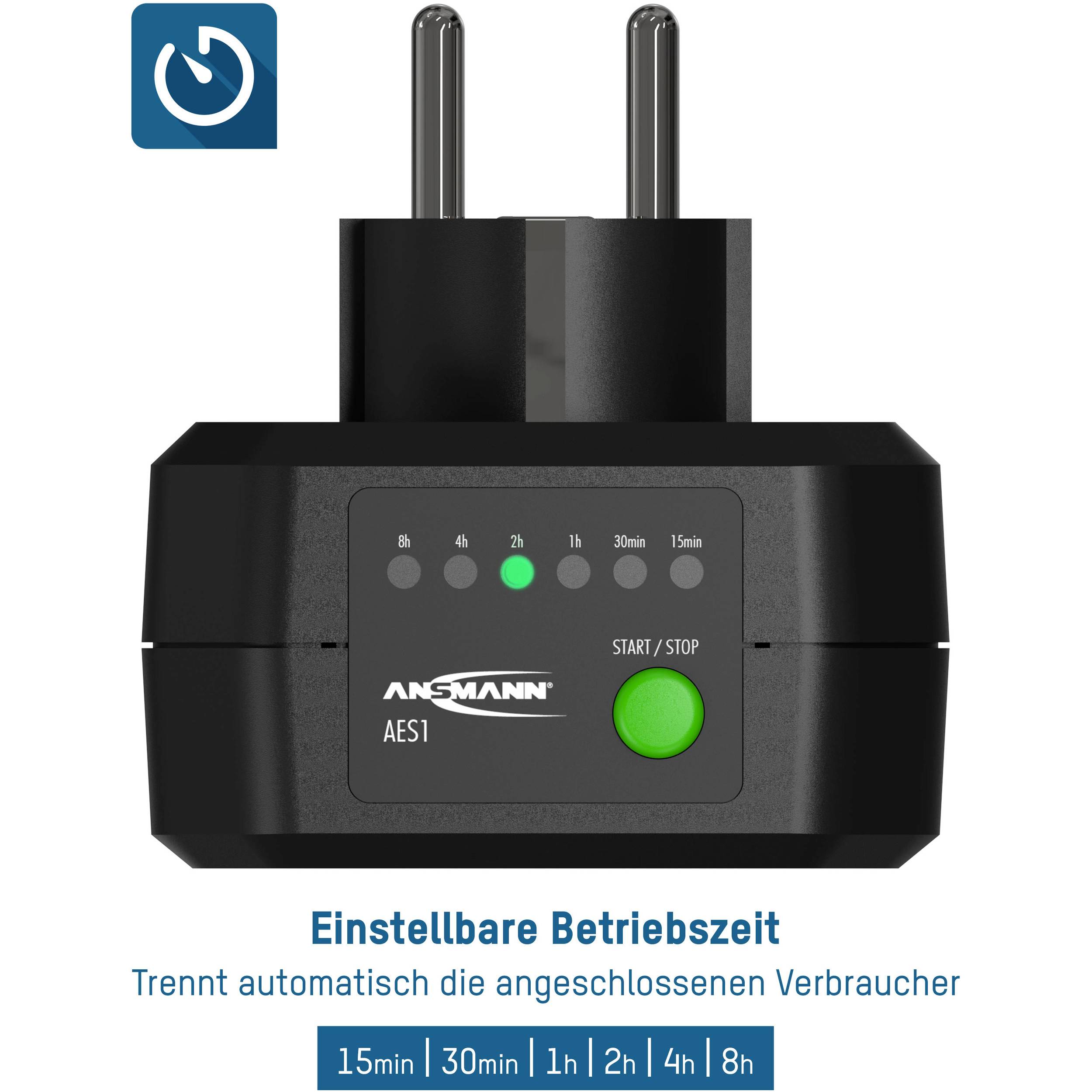 Steckeradapter mit einstellbarer Betriebszeit. Automatisches Trennen angeschlossener Verbraucher nach 15min, 30min, 1h, 2h, 4h, 8h.