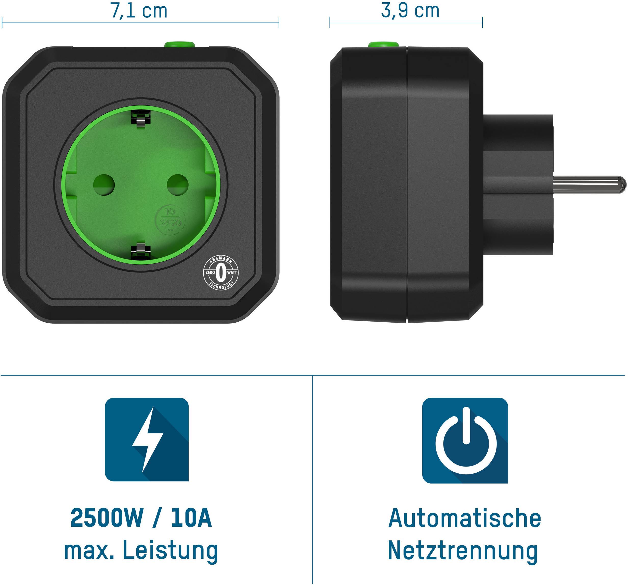 Eine schwarze, quadratische Steckdose mit grüner Innenseite, seitlicher Ansicht zeigt die Dicke von 3,9 cm. Text: '2500W/10A max. Leistung' und 'Automatische Netztrennung'.