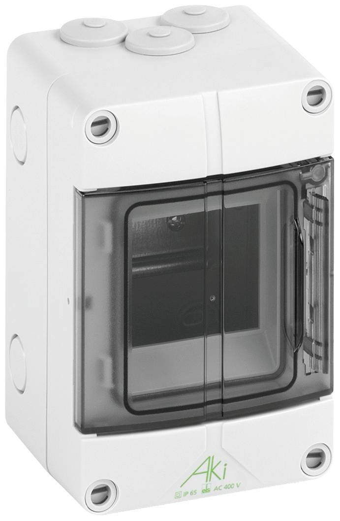 Weißer elektronischer Gehäusekasten mit transparentem Fenster. Markiert mit 'Aki'. Geeignet für Wandmontage.