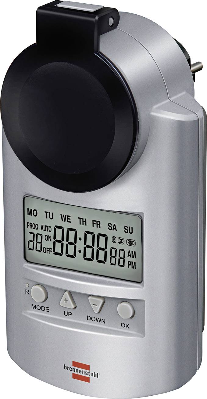 Digitales Steckeruhren-Timer mit LCD-Display, Mode-/Hoch-/Runter-/OK-Tasten und drehendem Ziffernblatt zum Programmieren von Ein-/Ausschaltzeiten für Geräte.