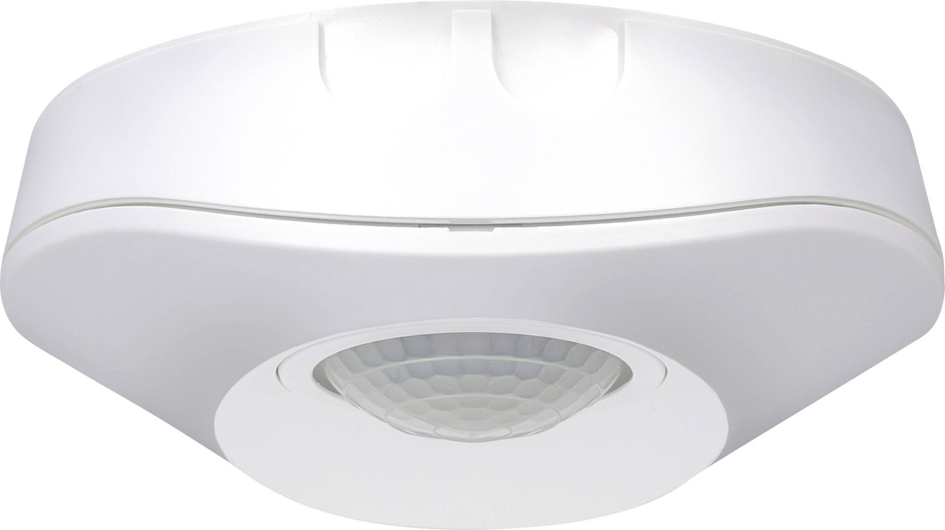 Weiße, deckengestützte Bewegungsmelderleuchte mit rundem PIR-Sensor in der Mitte und glatter ovaler Gehäuseform.