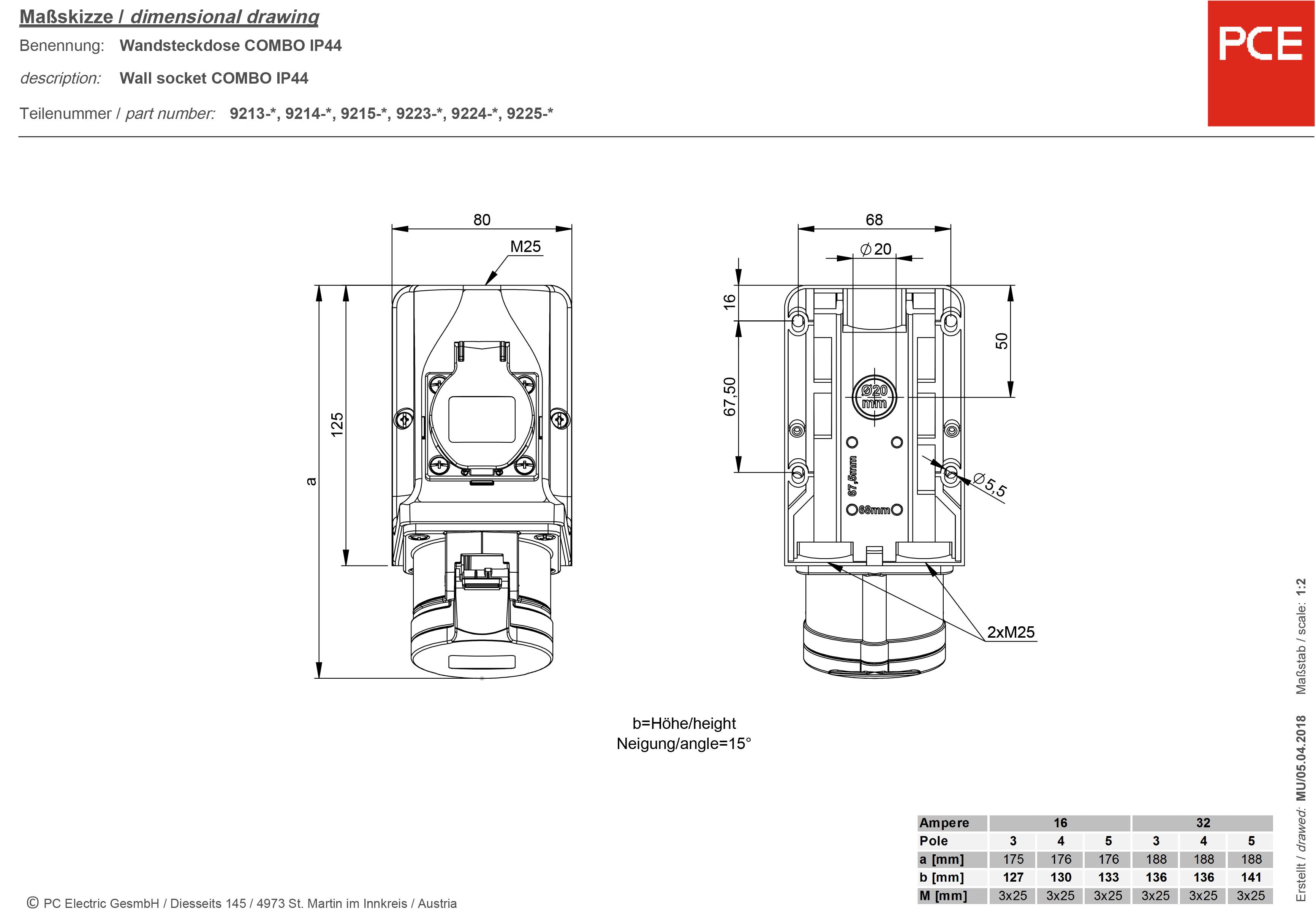 PCE 9225-6 CEE Wandsteckdose 32A 5polig 400V 1St.