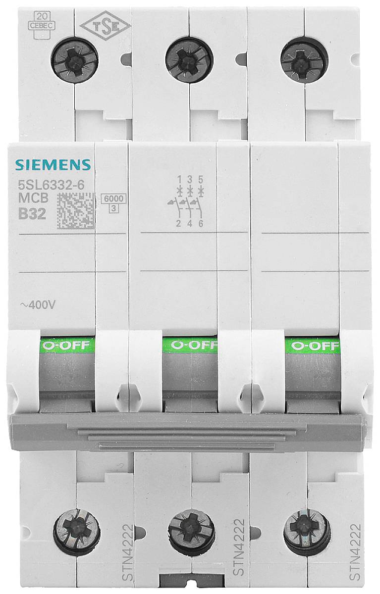 Leistungsschalter von Siemens, Modellnummer 5SL6332-6, B32, 400V. Zeigt den Zustand 'OFF'. Geeignet für Sicherung von Stromkreisen.