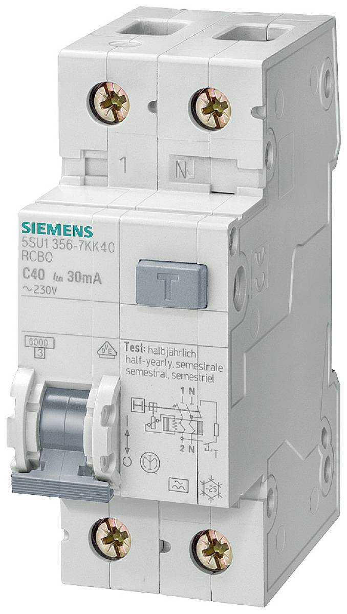 Zweipoliger FI/LS-Schalter von Siemens, Modell 5SU1356-7KK40, 230V, 30mA. Verwendet zum Schutz vor Überlast und zum Testen.