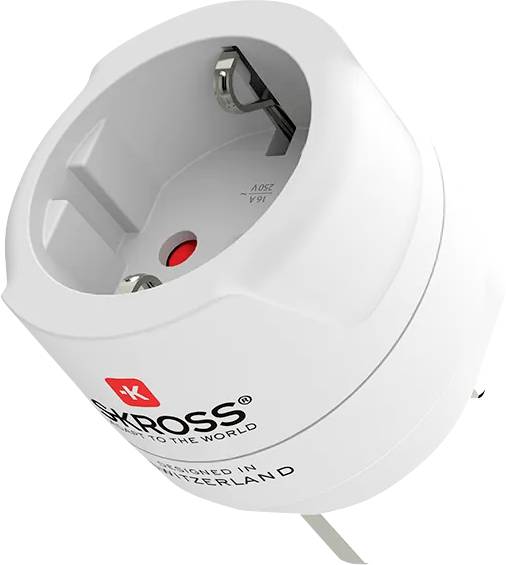 Adapterstecker für EU-Steckdosen, weiß, mit Erdung. Geeignet für den Anschluss von ausländischen Geräten an europäischen Stromnetzen.