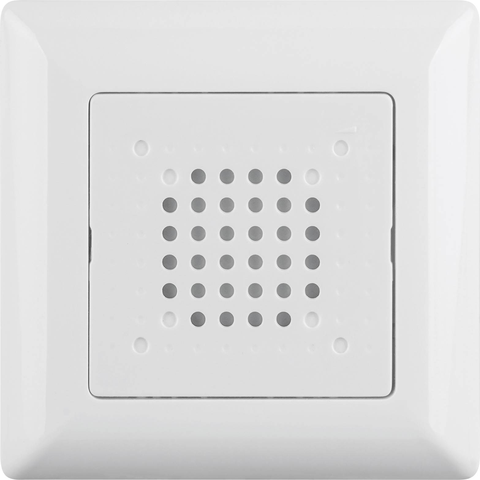 Weiße, an der Wand montierte Lüftungsgitter oder Lautsprechergitter mit perforiertem Mittelpanel auf einfachem Hintergrund.