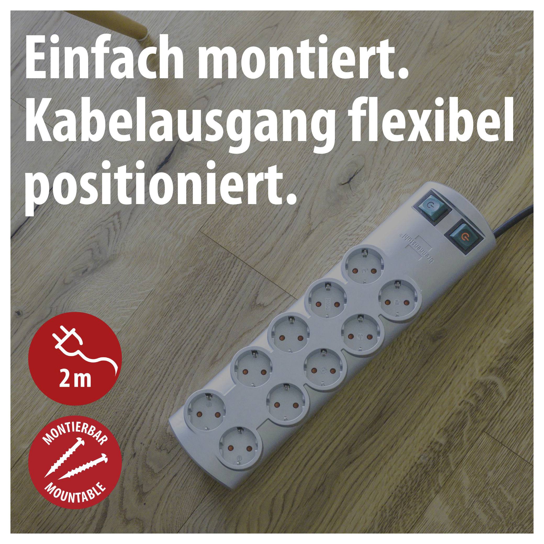 Weiße Steckdosenleiste auf Holzboden mit Schalter; Text: 'Einfach montiert. Kabelausgang flexibel positioniert.' Plus Symbole '2 m' und 'Montierbar'.