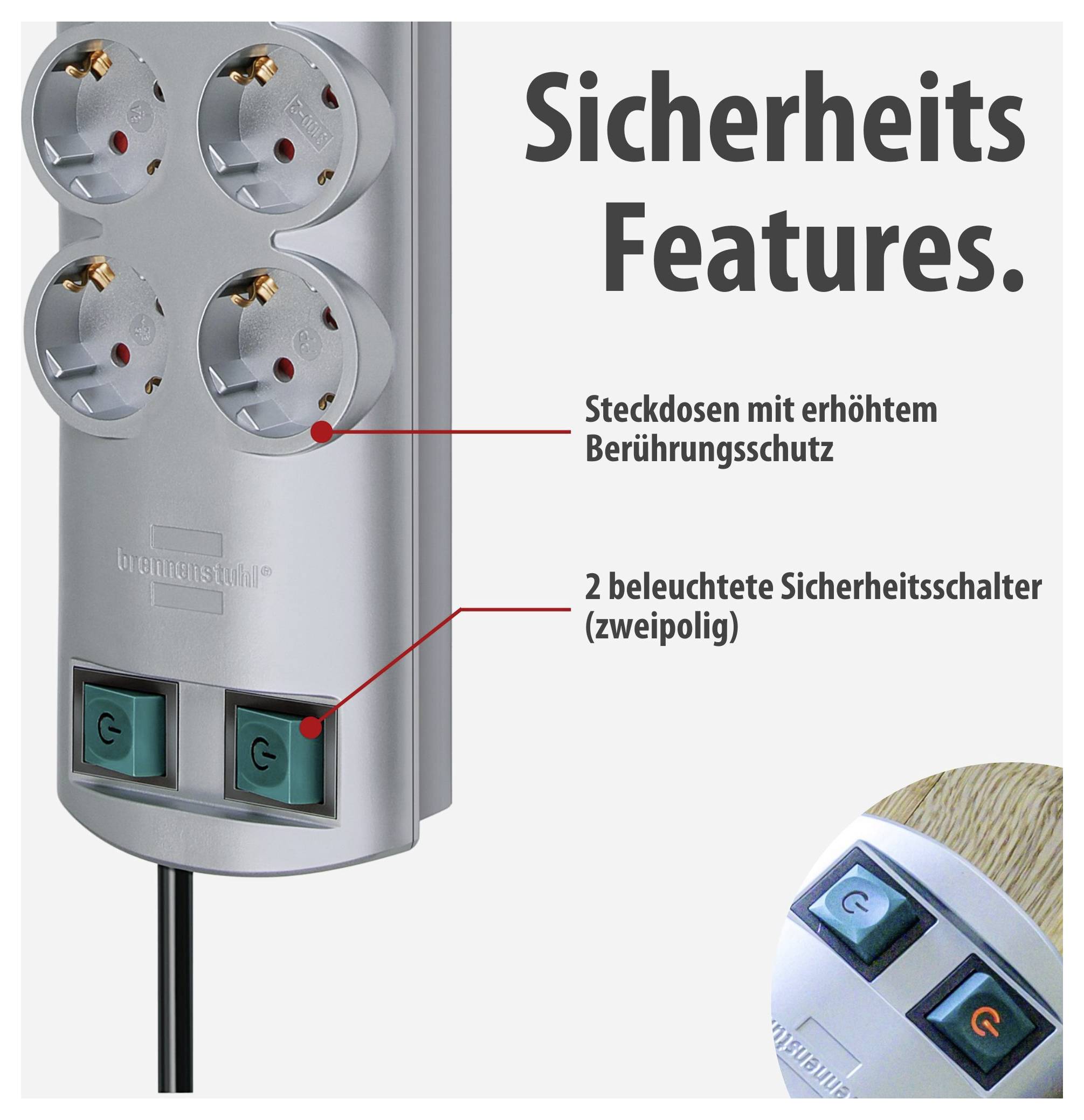 Werbegrafik einer Mehrfachsteckdose mit Titel 'Sicherheits Features': 4 Steckdosen mit erhöhtem Berührungsschutz und 2 beleuchtete Sicherheitsschalter.