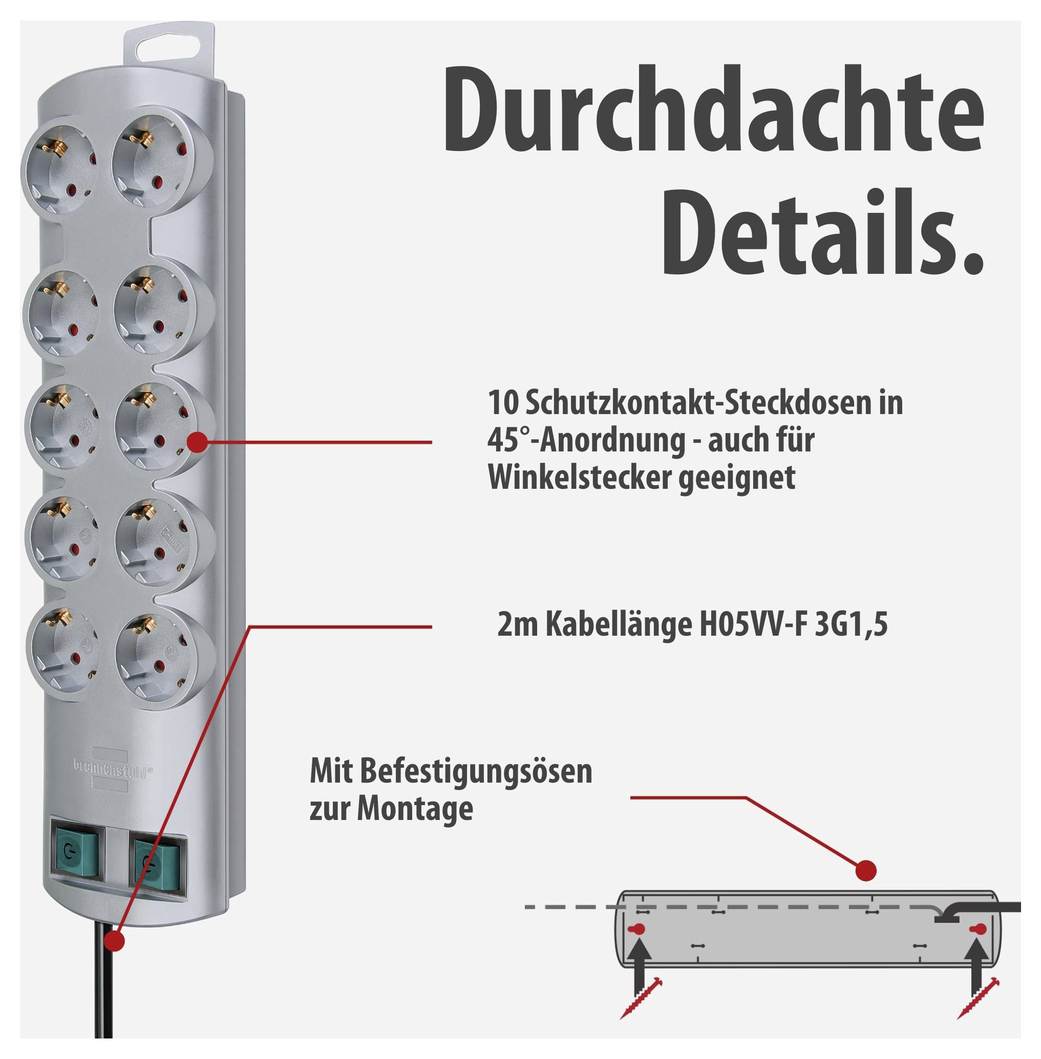 Werbebild einer Steckdosenleiste mit zehn Schutzkontakt-Steckdosen in 45°-Anordnung, 2 m Kabel und Befestigungsösen; Text: 'Durchdachte Details.'
