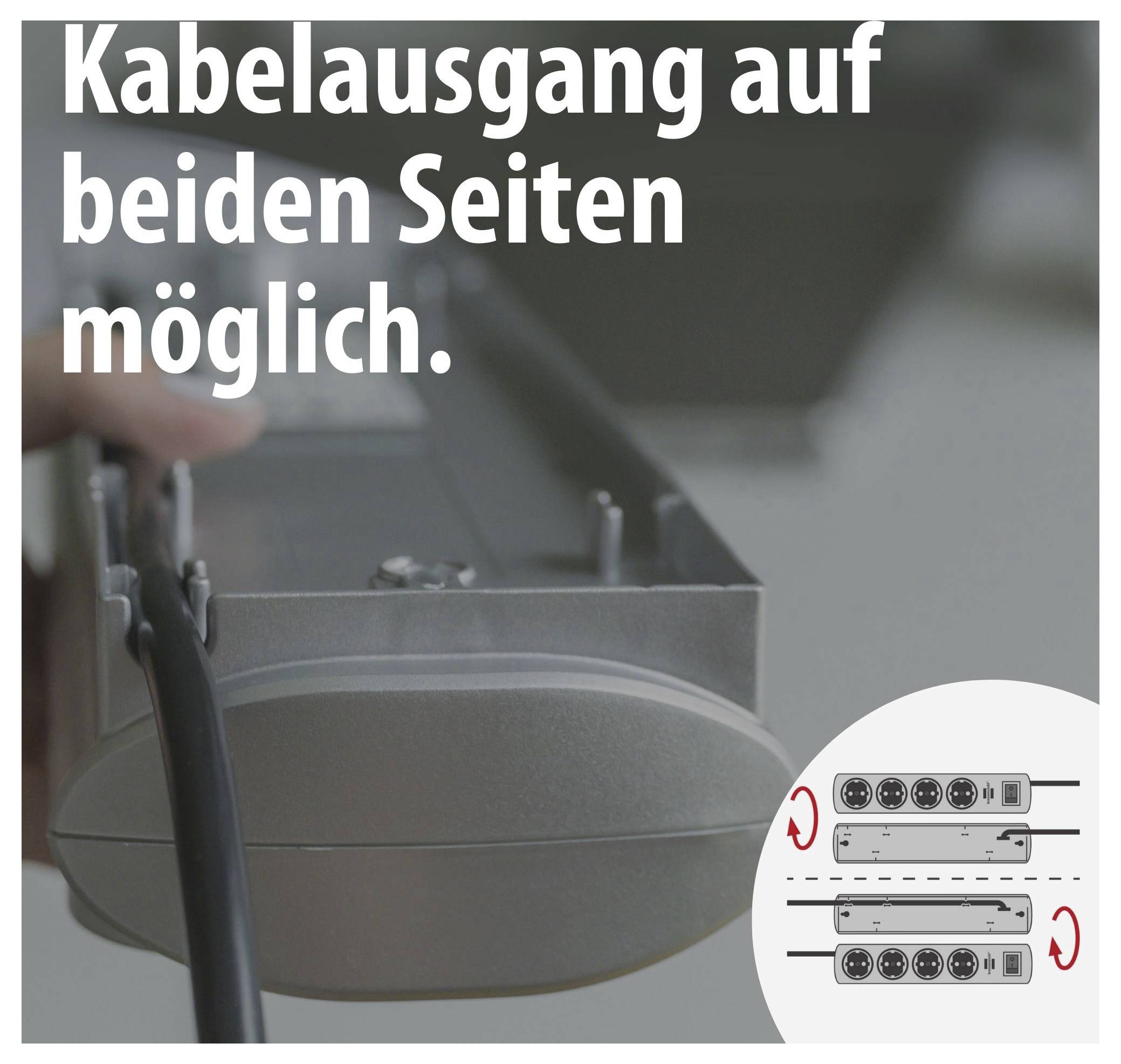 Steckdosen-/Verteiler-Modul mit Hinweis 'Kabelausgang auf beiden Seiten möglich'; kleine Grafik zeigt beidseitige Kabelführung.