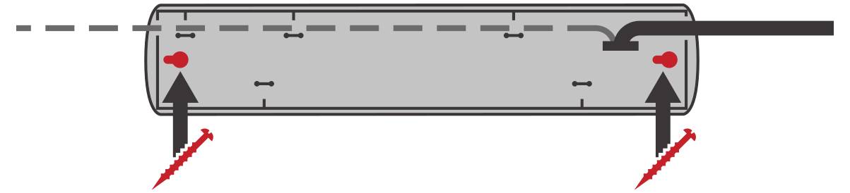 Diagramm eines horizontal angeordneten zylindrischen Behälters mit zwei Endventilen, die durch nach oben zeigende schwarze Pfeile und rote gestrichelte Linien hervorgehoben sind und Inspektions- oder Entwässerungspunkte anzeigen.