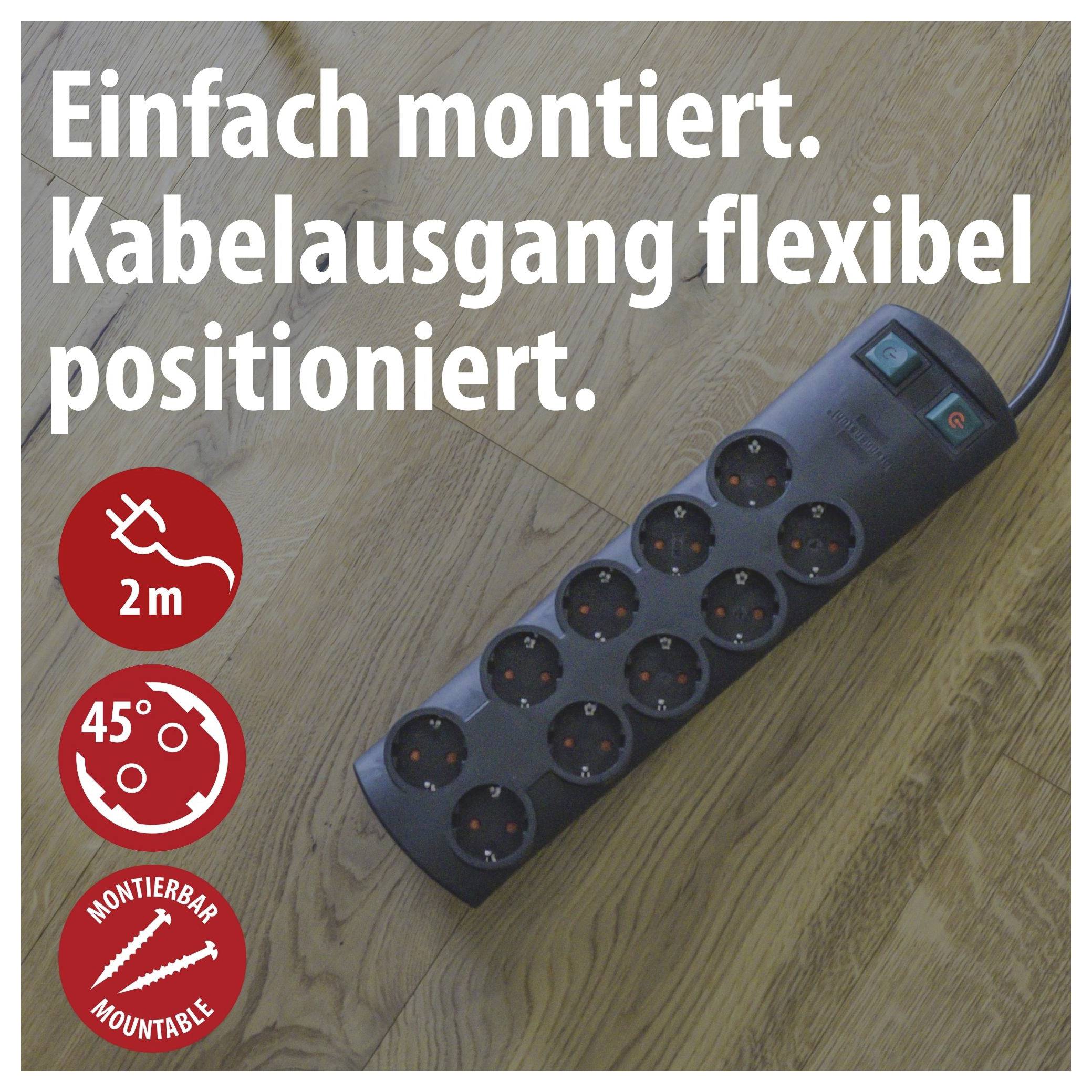 Steckdosenleiste mit flexiblem Kabelausgang; Text: 'Einfach montiert. Kabelausgang flexibel positioniert.' Symbole: 2 m, 45°, montierbar.