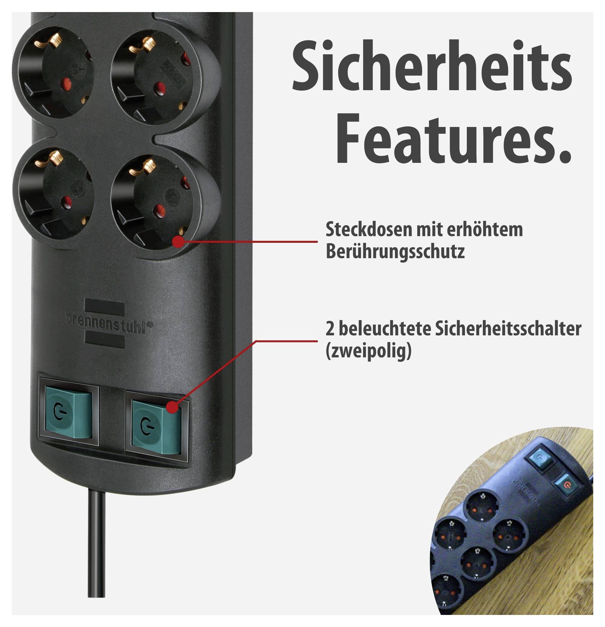 Abbildung einer Steckdosenleiste mit 'Sicherheits Features': erhöhte Berührungssicherheit und zwei beleuchtete zweipolige Sicherheitsschalter; unten rechts Einsatzfoto.