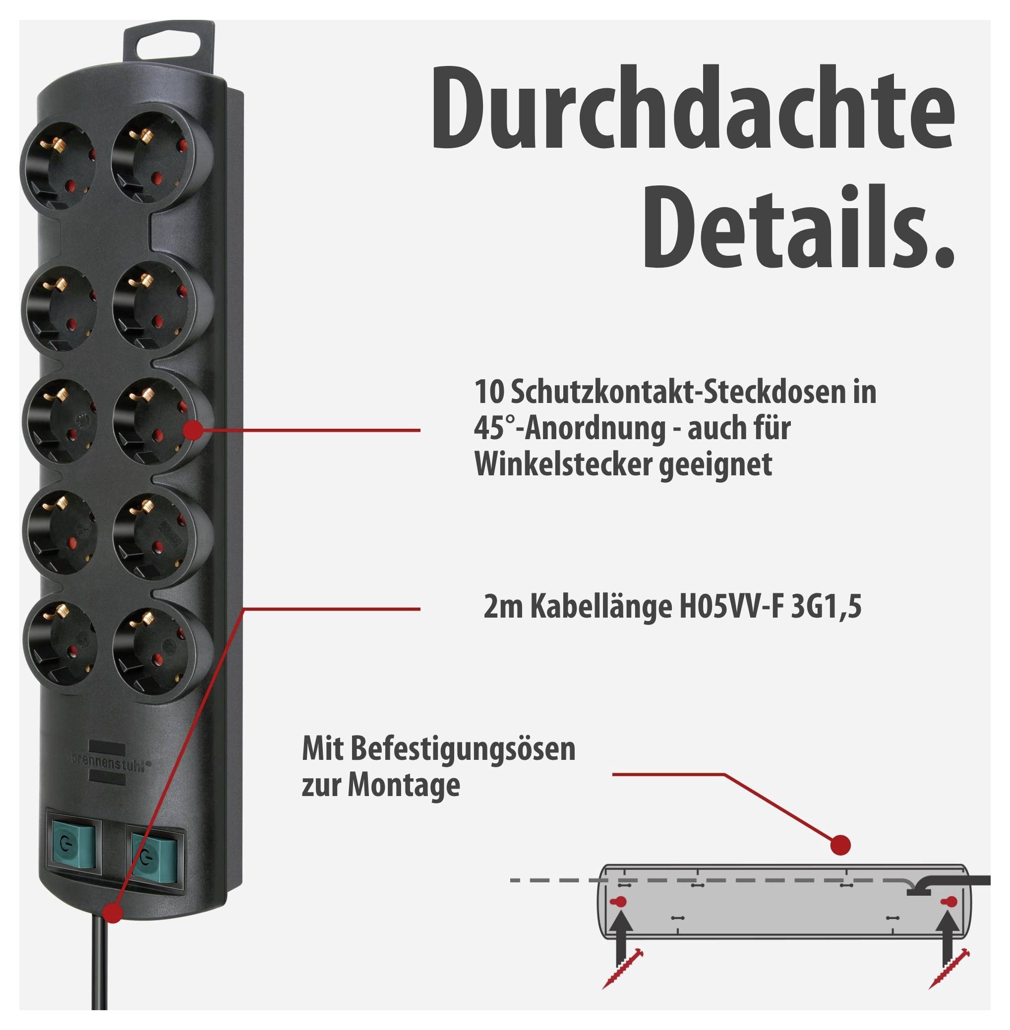 Werbegrafik einer schwarzen Steckdosenleiste mit 10 Schutzkontakt-Steckdosen in 45°-Anordnung, 2 m Kabellänge und Befestigungsösen zur Montage.