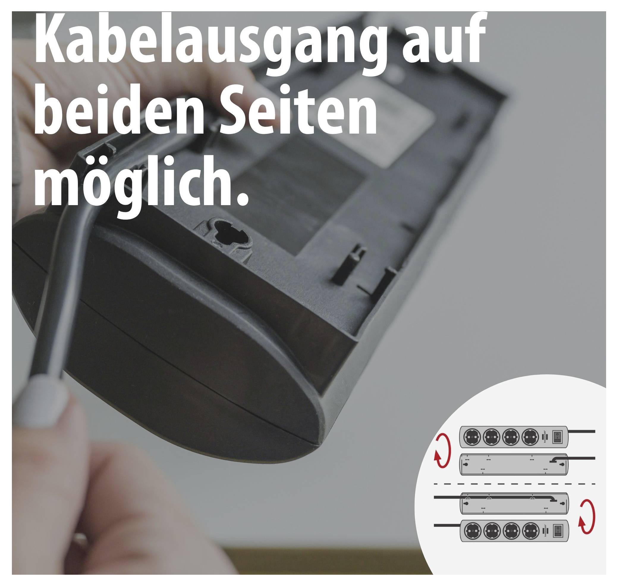 Werbung für ein Gerät mit beidseitigem Kabelausgang; Text: 'Kabelausgang auf beiden Seiten möglich.'
