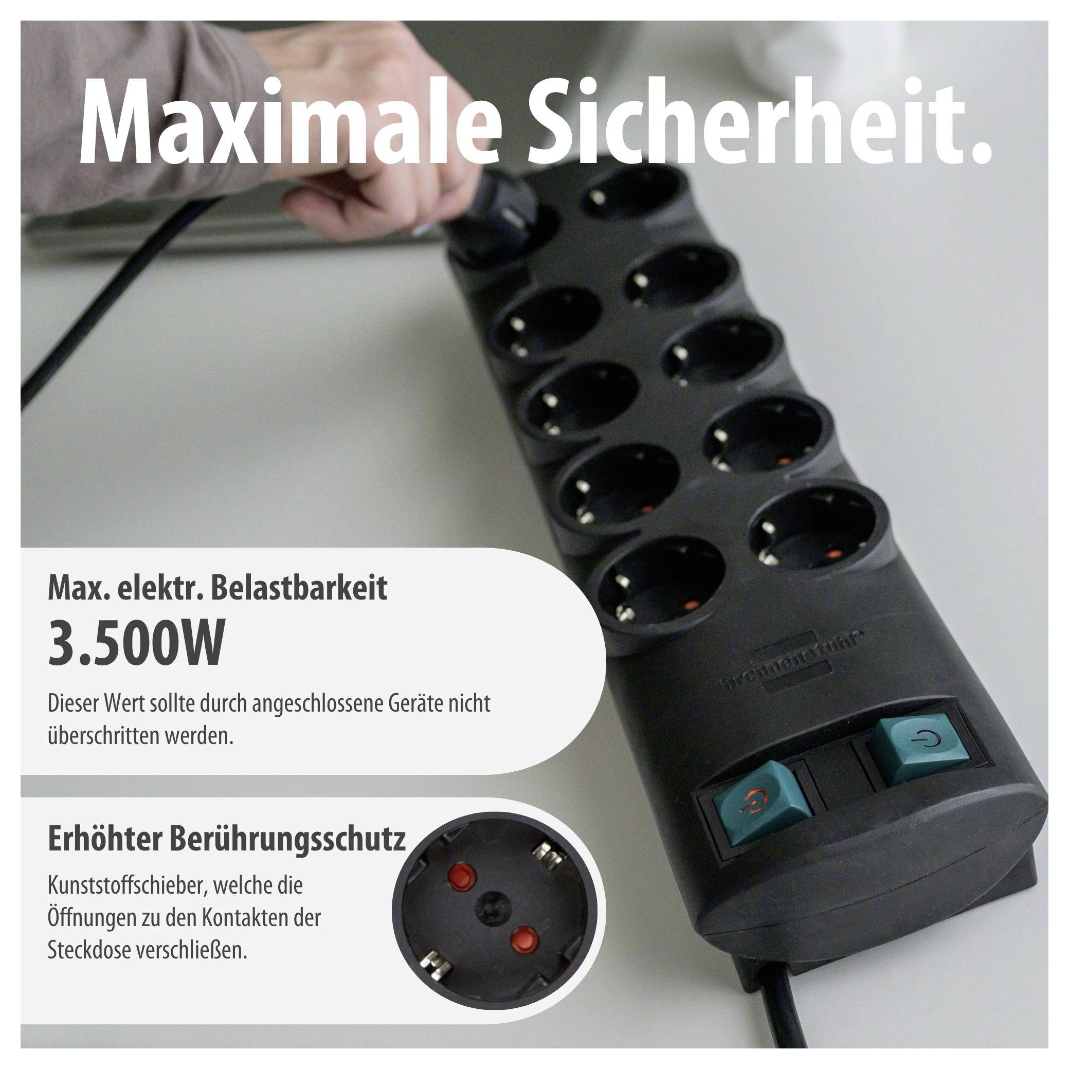 Werbung für eine Steckdosenleiste: 'Maximale Sicherheit', max. Belastbarkeit 3.500 W und erhöhter Berührungsschutz durch Kunststoffschieber.