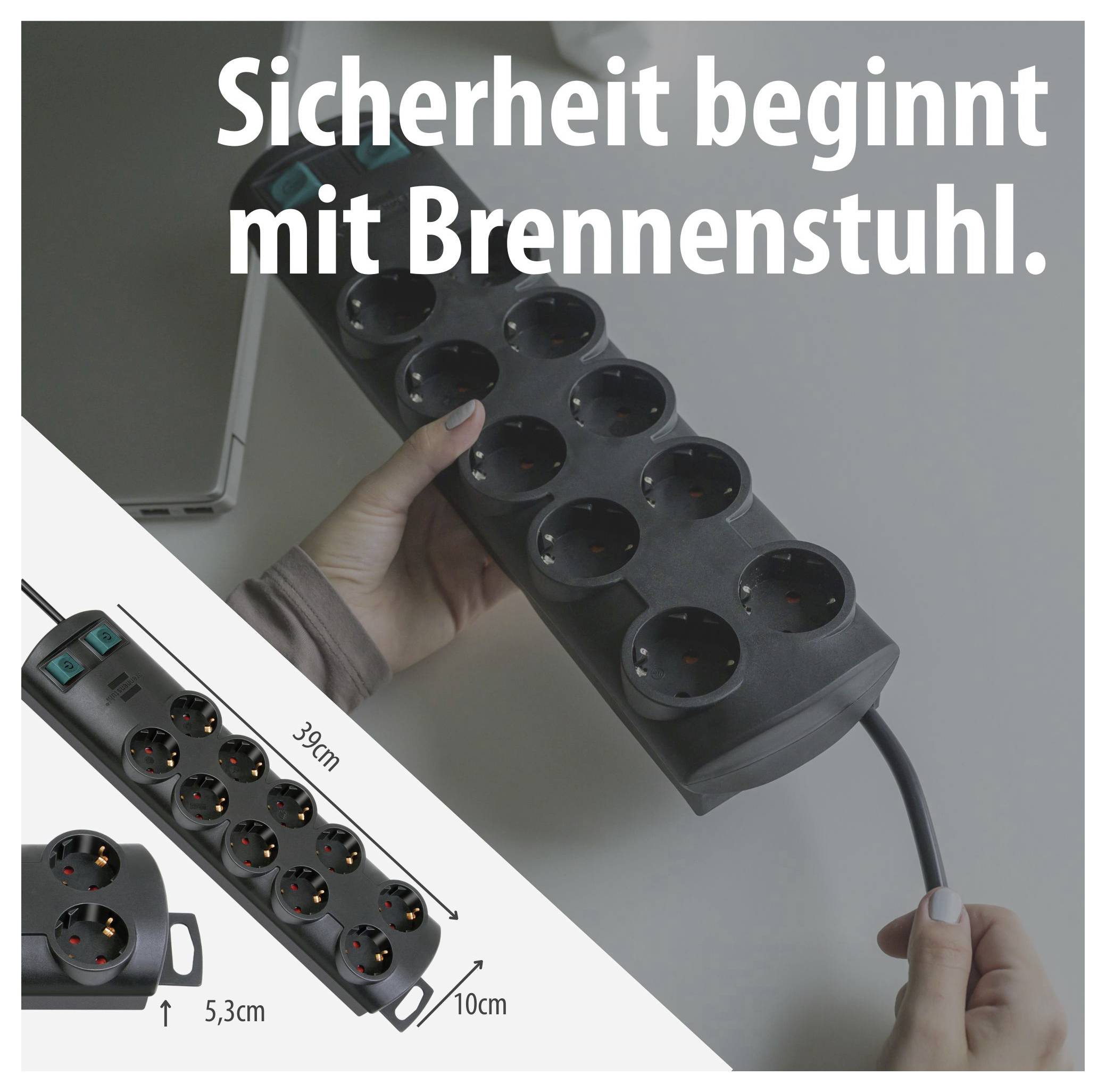 Werbeanzeige für eine Brennenstuhl-Steckdosenleiste: Text 'Sicherheit beginnt mit Brennenstuhl.', gezeigte Mehrfachsteckdose mit 8 Anschlüssen und Maßangaben 39 cm, 10 cm, 5,3 cm.