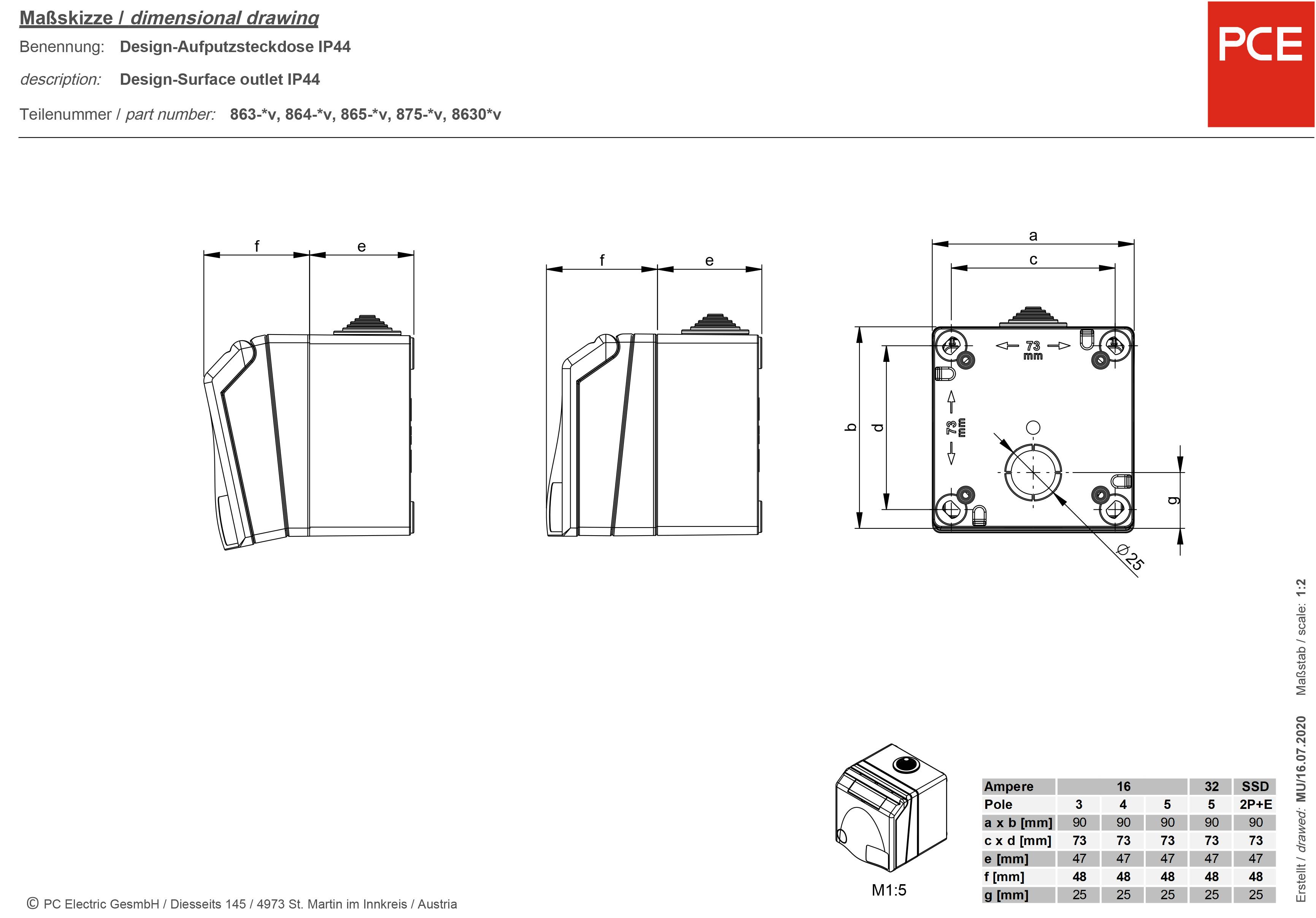 PCE 8630v Aufputz-Steckdose ballwurfsicher IP44 Weiß