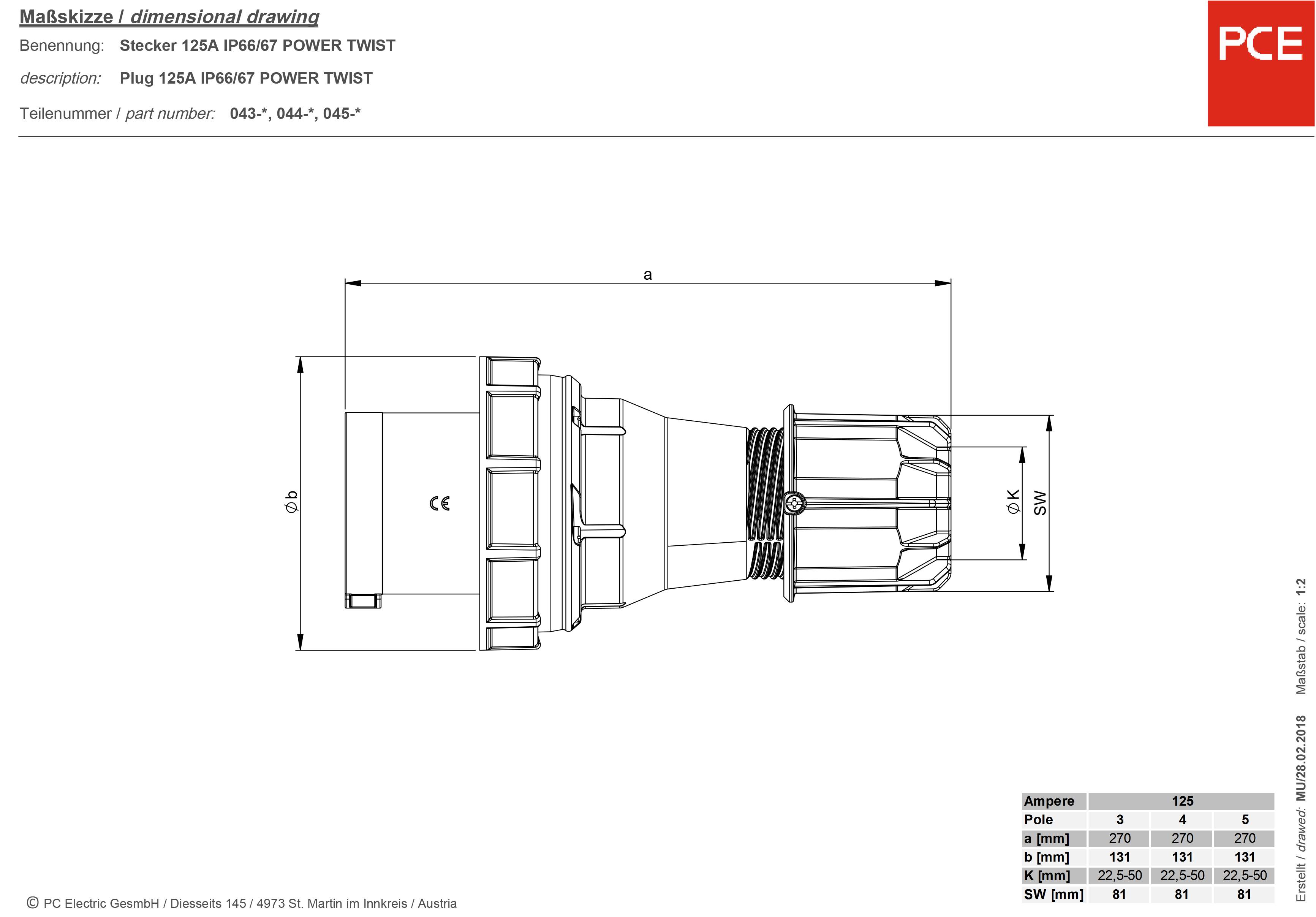 PCE Power Twist 045-6 CEE Stecker 125A 5polig 400V 1St.