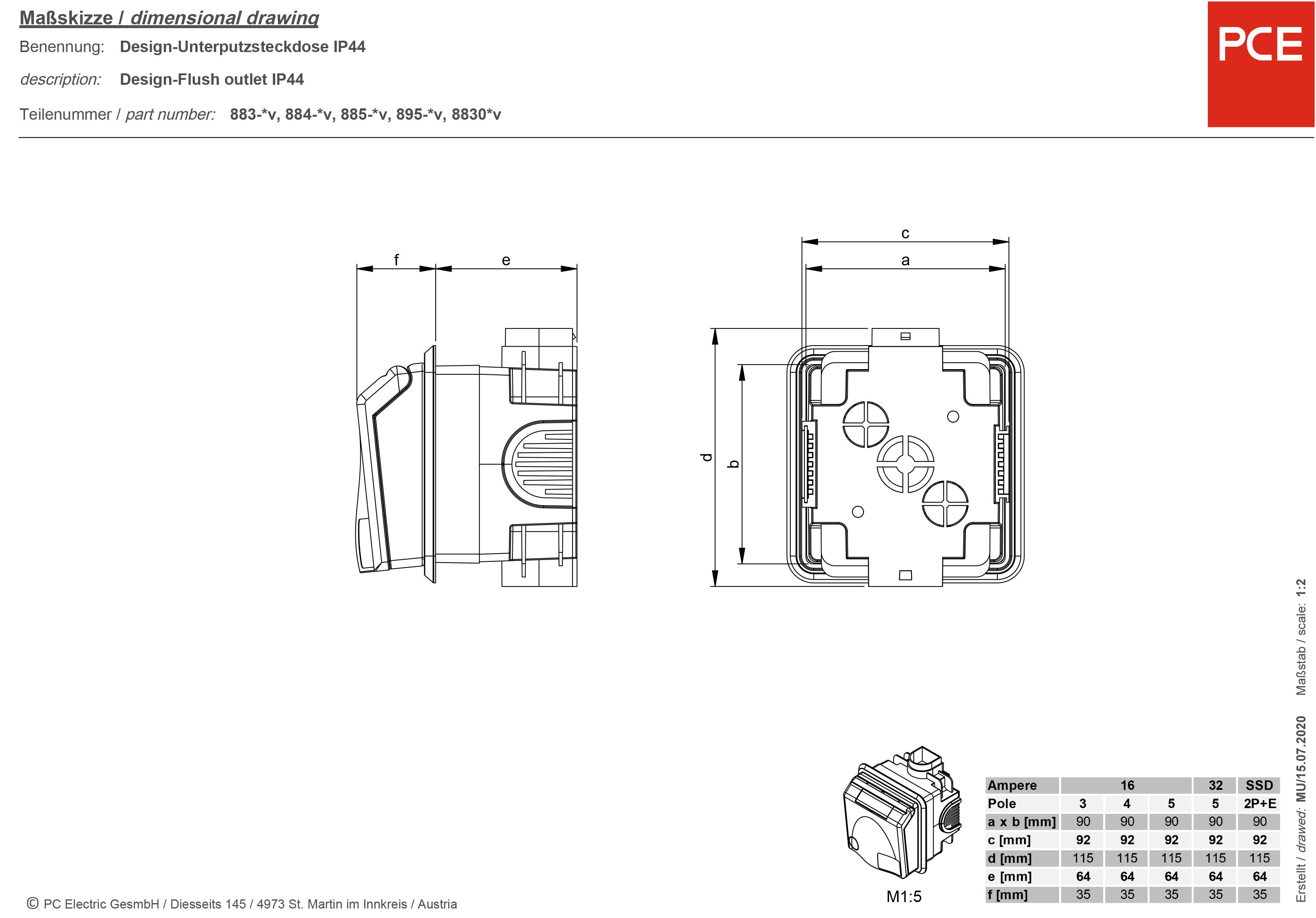PCE PC Electric 885-6v CEE Unterputzsteckdose 16 A 5polig 400 V 1 St.