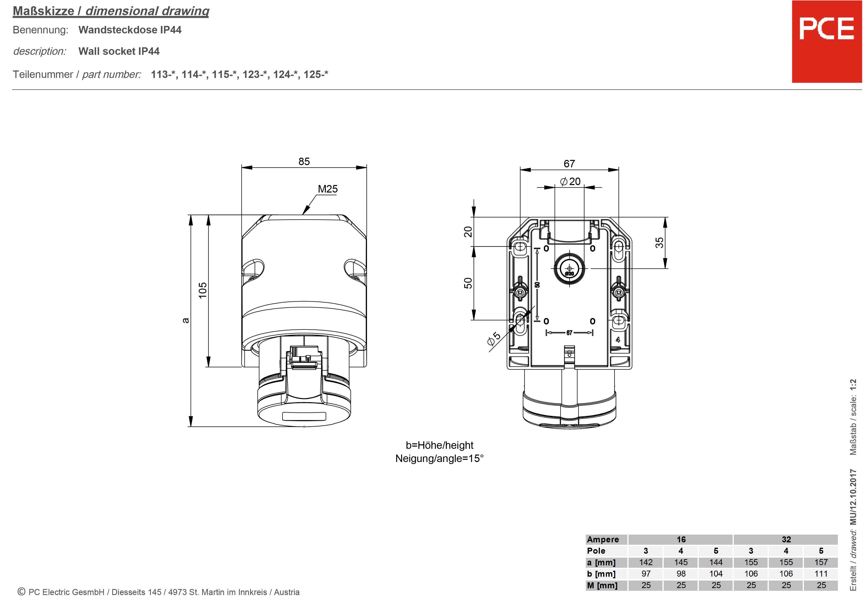PCE 115-6tt CEE Wandsteckdose 16A 5polig 400V 1St.