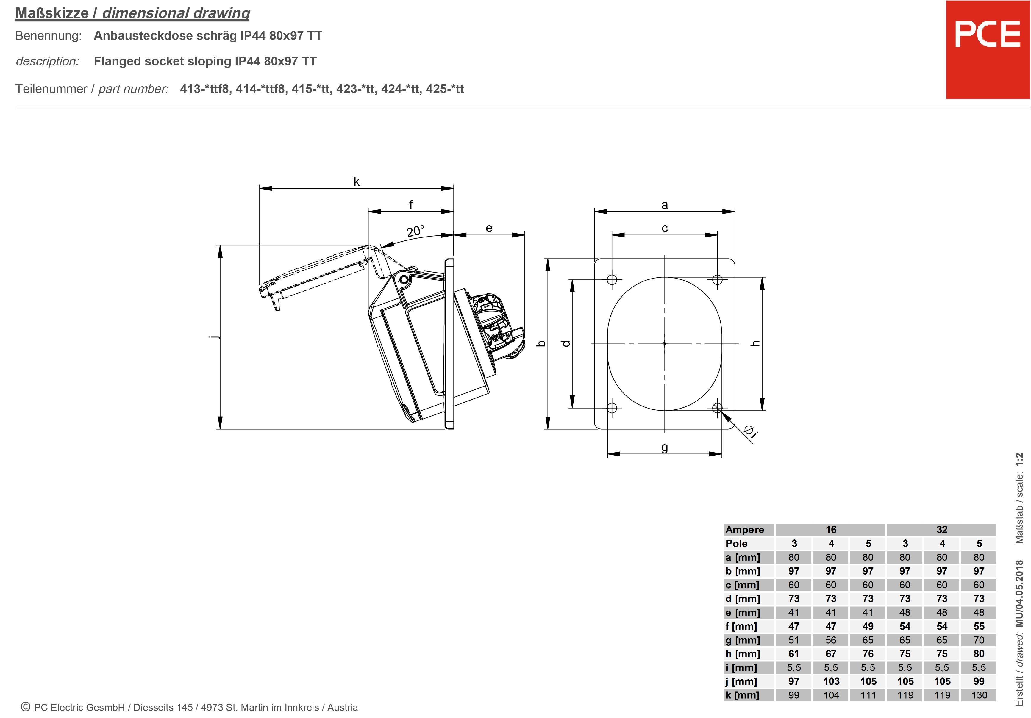 PCE 415-6tt CEE Anbaudose 16A 5polig 400V 1St.