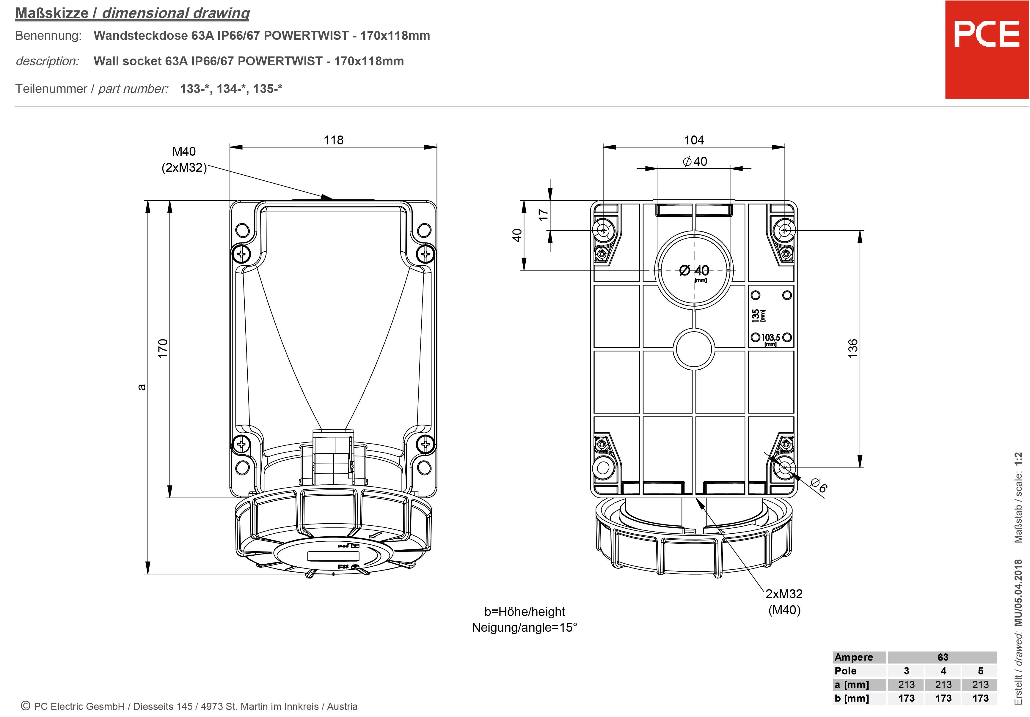 PCE 135-6 CEE Wandsteckdose 63 A 5polig 400 V 1 St.