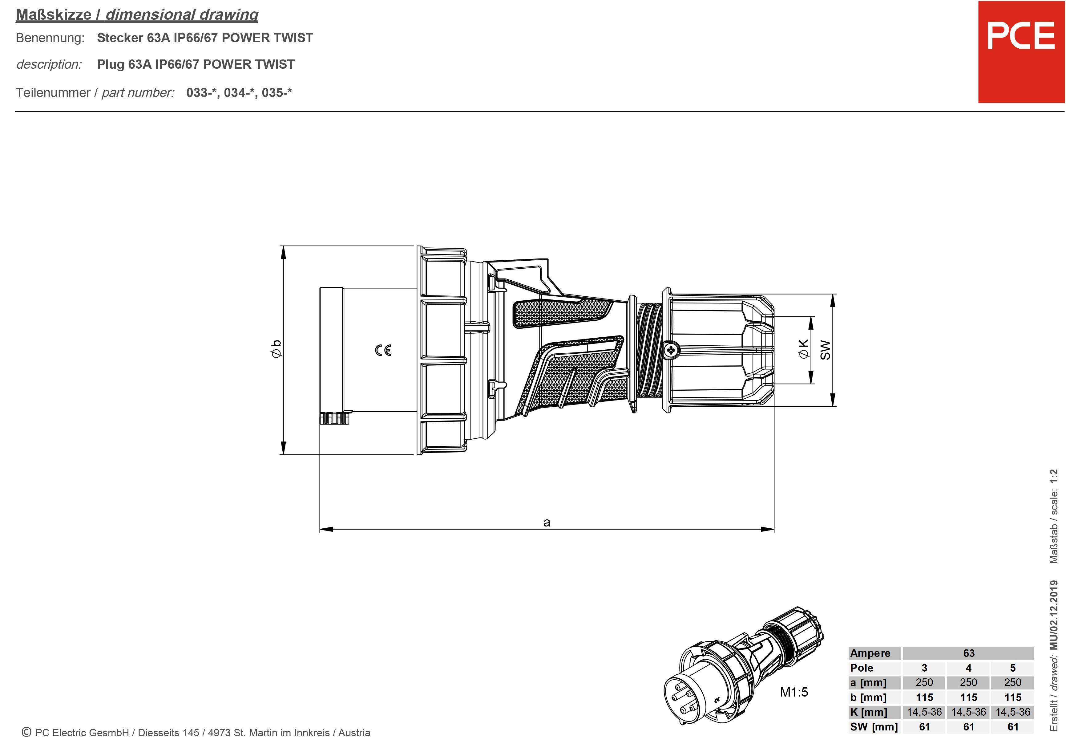 PCE venttechnik 035-6xs CEE Stecker 63A 5polig 400V 1St.