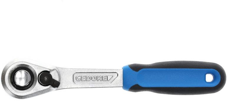 Ein Ratschen-Schraubenschlüssel mit blau-schwarzem Griff. Markenname 'Gedore' auf dem Schaft eingraviert.
