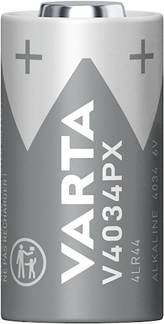Eine silberne Batterie der Marke Varta, Modell V4034PX, 6V, mit Plus- und Minussymbolen.