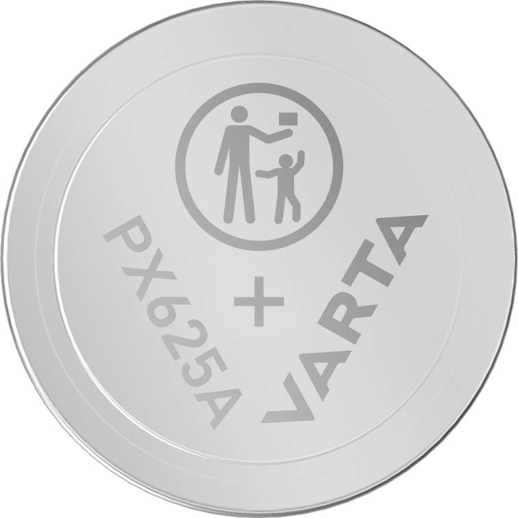 Eine silberne Knopfzellenbatterie mit der Aufschrift 'PX625A + Varta' und einem Symbol, das Erwachsene daran erinnert, die Batterie von Kindern fernzuhalten.