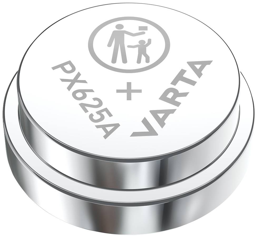 Silberne Knopfzellenbatterie mit Aufschrift 'PX625A' und 'VARTA'. Symbol für Nichtschlucken von kleinen Teilen.